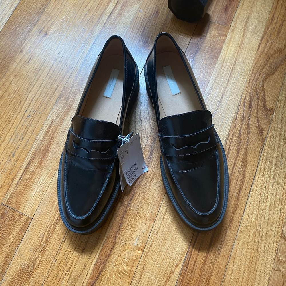 H&M Chunky Leather Loafer 40 8.5 Patent Black